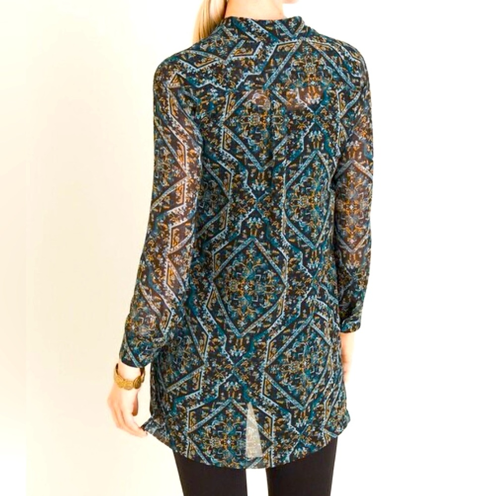 Chico’s sheer blouse longline artsy abstract boho summer